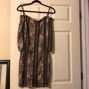 Off the shoulder nude/ black long-sleeve dress